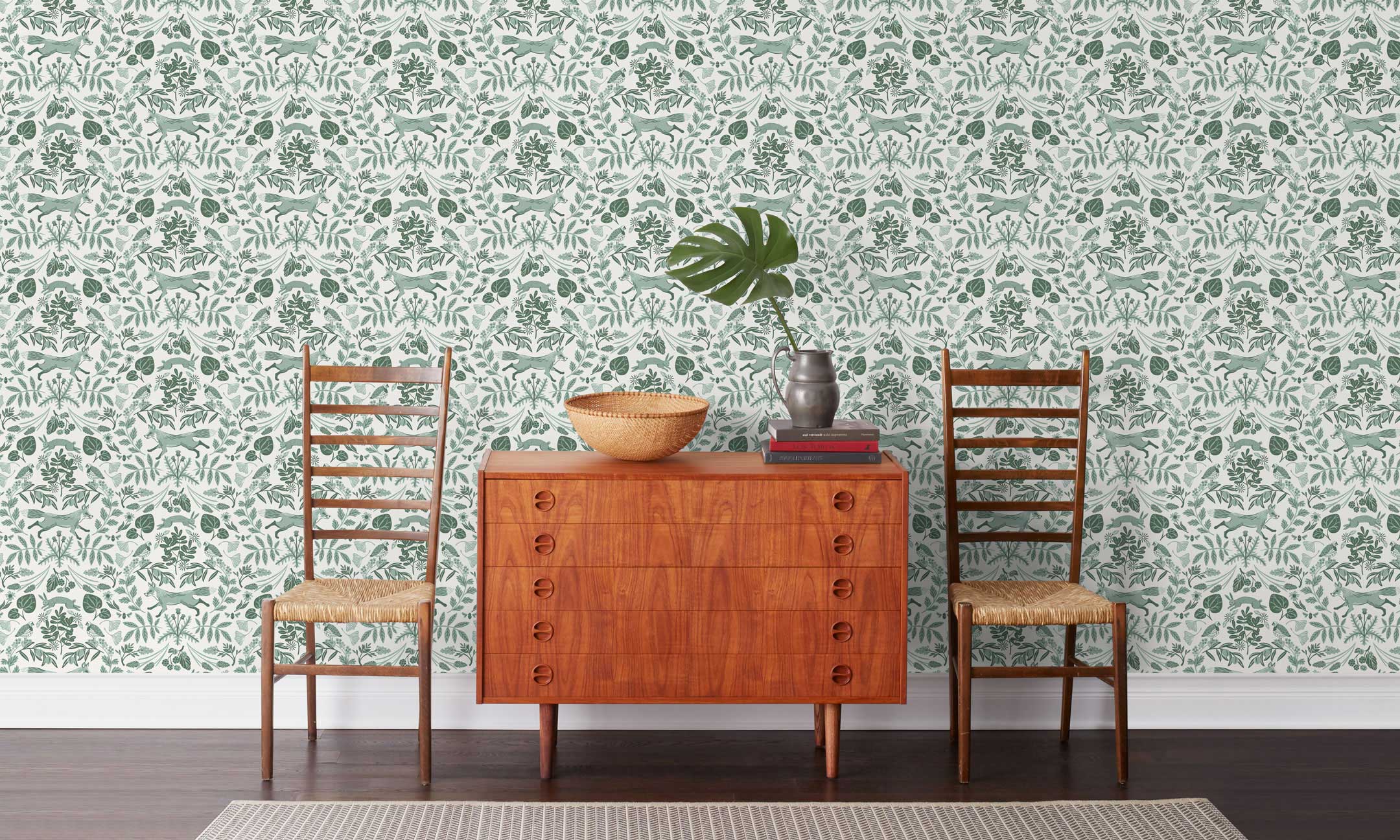Piedmont (Pine) wallpaper with foxes and rabbits in shades of green