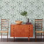 Piedmont (Pine) wallpaper with foxes and rabbits in shades of green