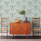 Piedmont (Pine) wallpaper with foxes and rabbits in shades of green