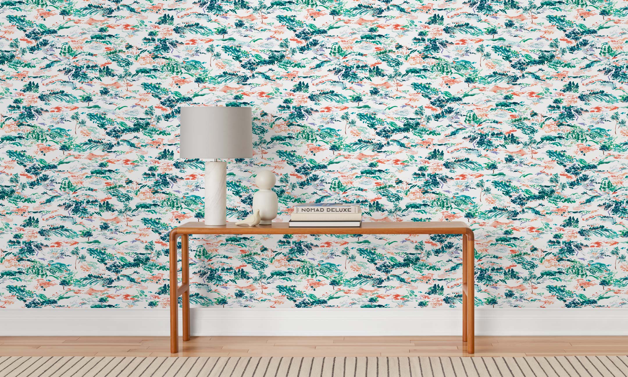 Inspired by the Fauvism movement, Plein Air brings the rolling countryside to life with a gestural brushwork technique. Its colors are joyful and bold while semi-realistic to the subject, including a range of green and blue hues with hints of coral and lavender.