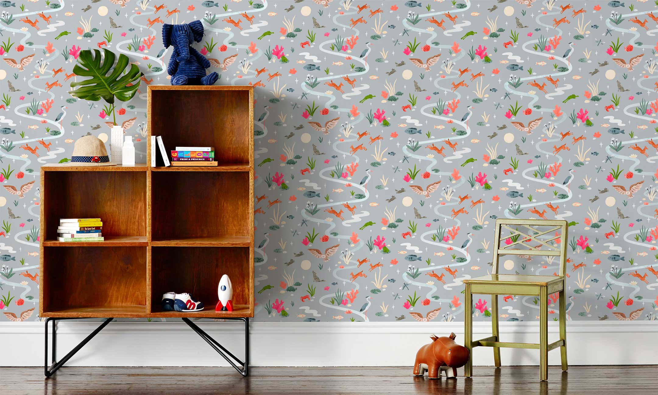 Space Owl (Gray) wallpaper features wildlife, fauna and a flowing river | light gray wallpaper with orange, white, brown, and green illustrations | designed by Vikki Chu