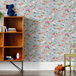 Space Owl (Gray) wallpaper features wildlife, fauna and a flowing river | light gray wallpaper with orange, white, brown, and green illustrations | designed by Vikki Chu