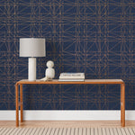 Strike (Navy) features modern, geometric metallic gold lines on navy blue