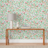 Summer (Poppy) wallpaper features loose brushstrokes that capture the movement of wild flowers and grasses swaying in the breeze. Before and after in a hallway | Hygge & West